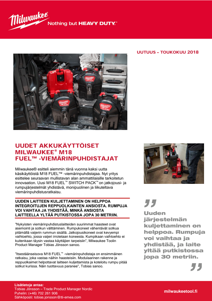 UUDET AKKUKÄYTTÖISET MILWAUKEE® M18 FUEL™  -VIEMÄRINPUHDISTAJAT