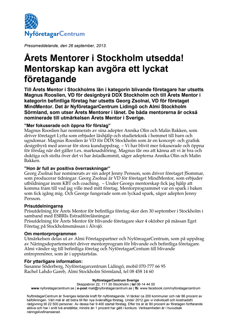 Årets Mentorer i Stockholm utsedda! Mentorskap kan avgöra ett lyckat företagande