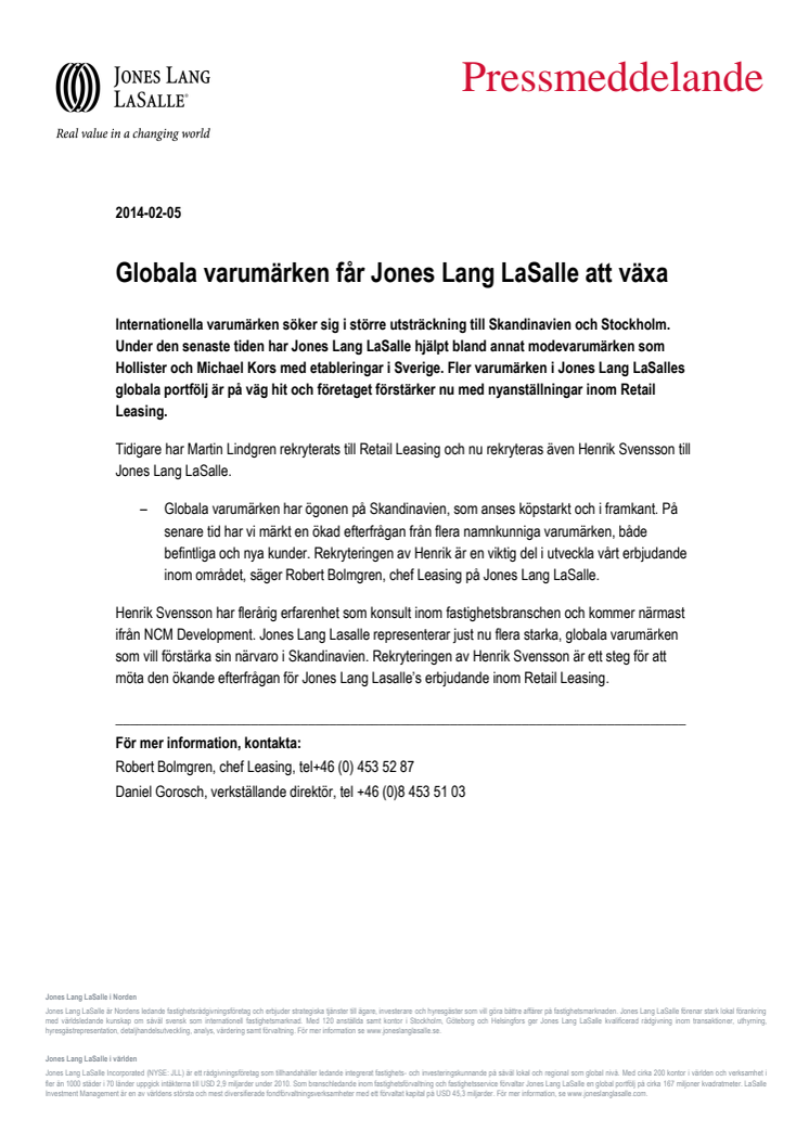 Globala varumärken får Jones Lang LaSalle att växa 