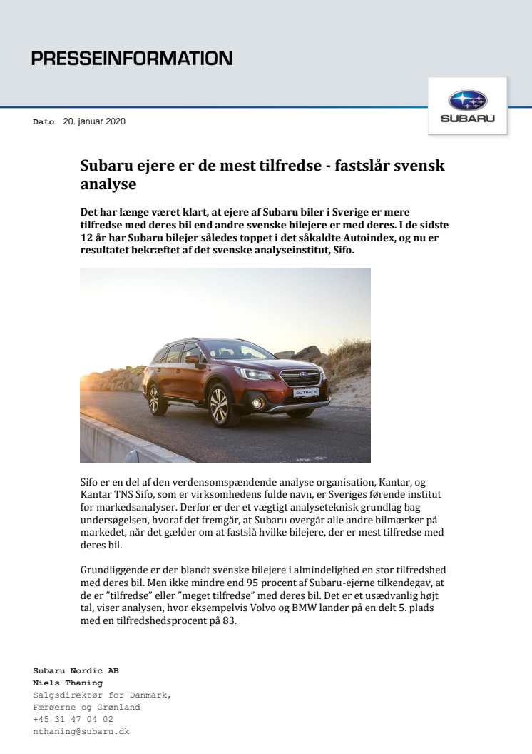 Subaru ejere er de mest tilfredse - fastslår svensk analyse