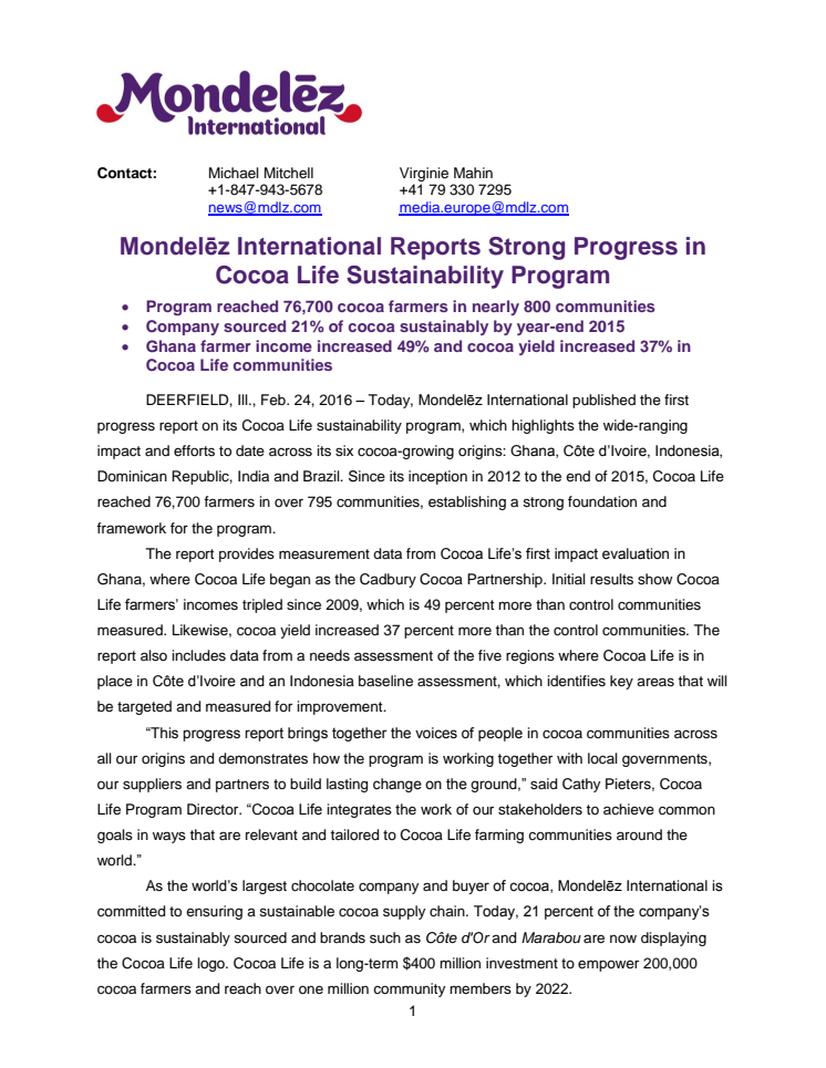 Mondelēz International Reports Strong Progress in Cocoa Life Sustainability Program 
