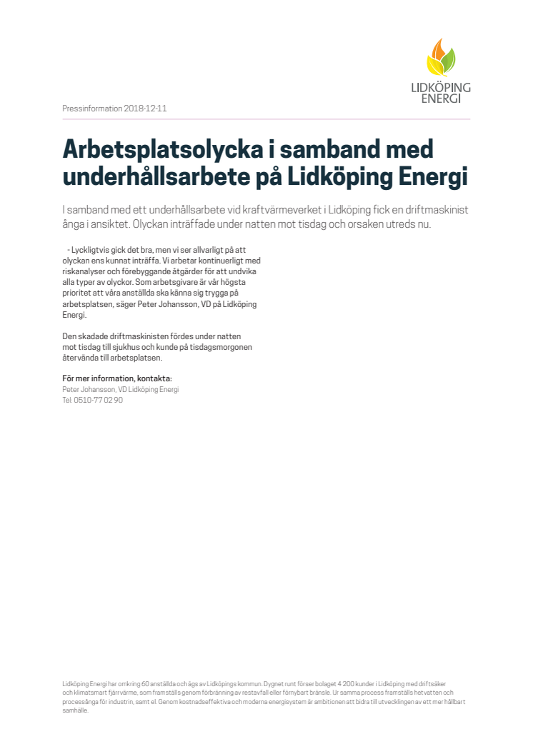 Arbetsplatsolycka i samband med underhållsarbete på Lidköping Energi 