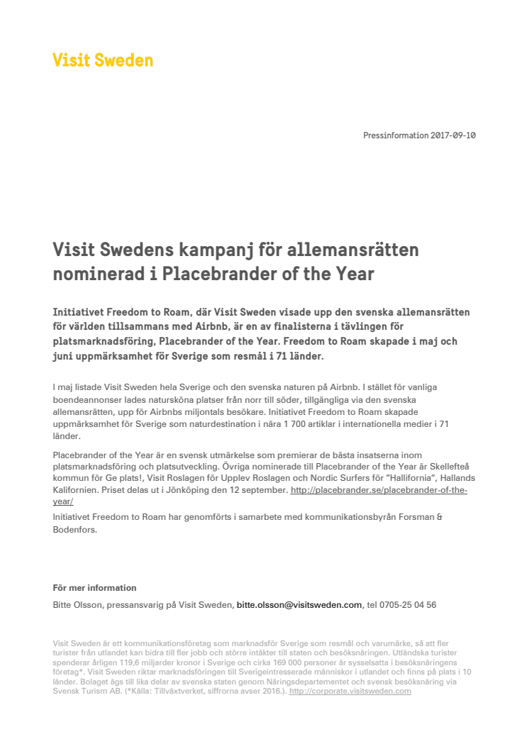 Visit Swedens kampanj för allemansrätten nominerad i Placebrander of the Year