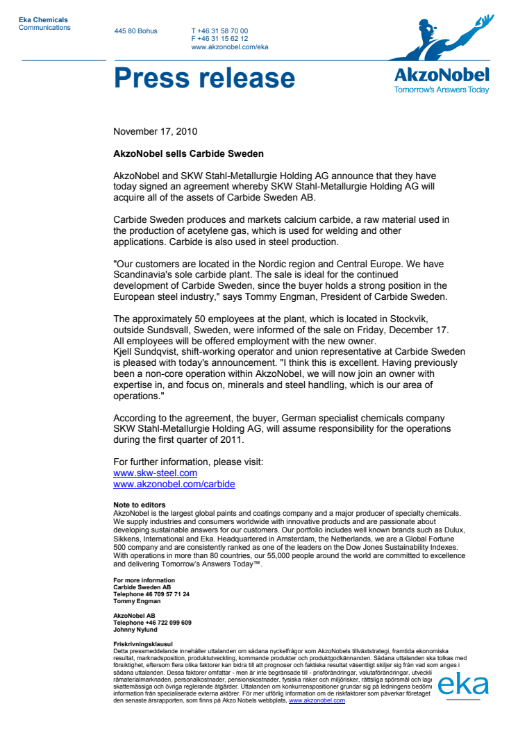 AkzoNobel sells Carbide Sweden