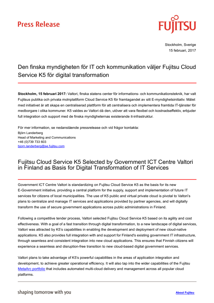 Den finska myndigheten för IT och kommunikation väljer Fujitsu Cloud Service K5 för digital transformation