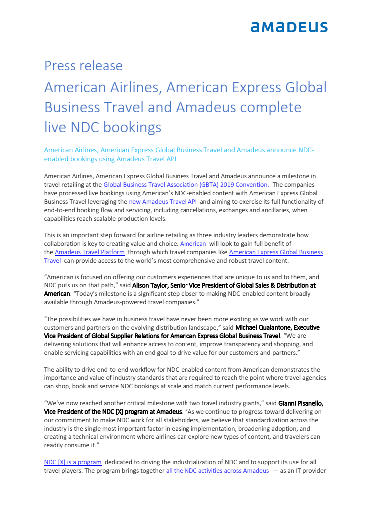 American Airlines, American Express Global Business Travel och Amadeus lanserar bokningar via NDC