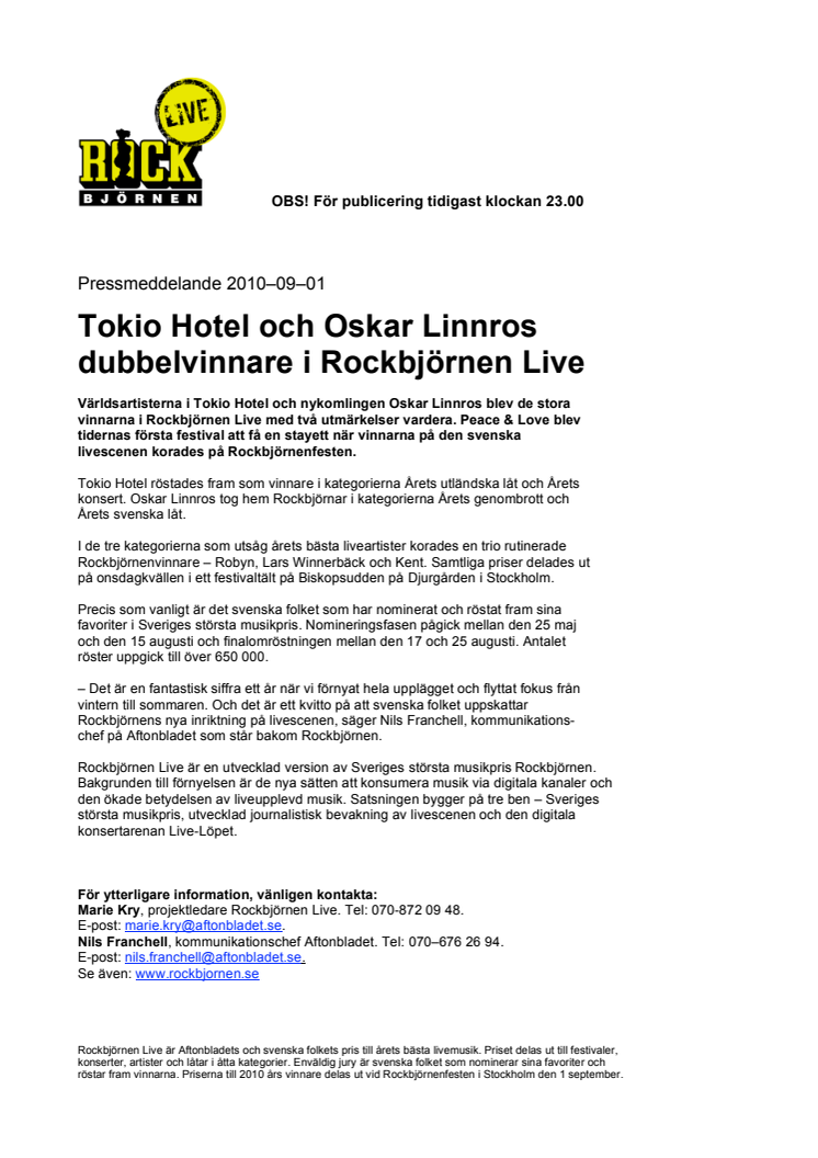 Tokio Hotel och Oskar Linnros dubbelvinnare i Rockbjörnen Live