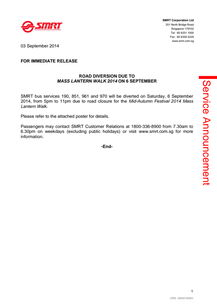 Road Diversion due to Mass Lantern Walk 2014 on 6 September