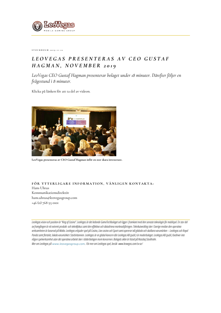 LeoVegas presenteras av CEO Gustaf Hagman, November 2019