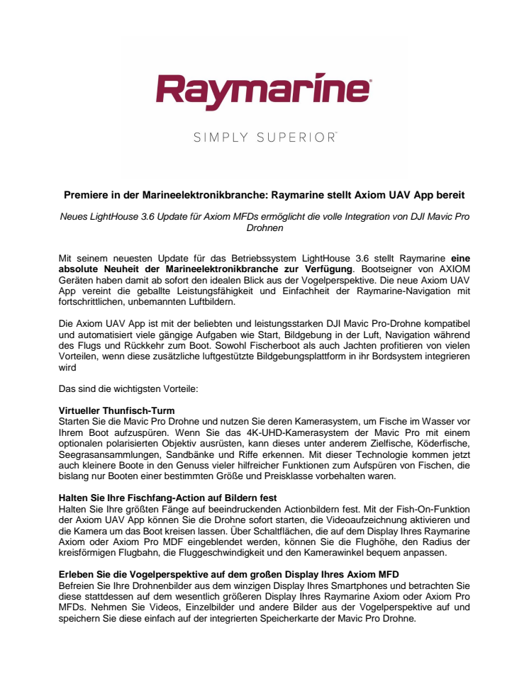 Raymarine: Premiere in der Marineelektronikbranche: Raymarine stellt Axiom UAV App bereit