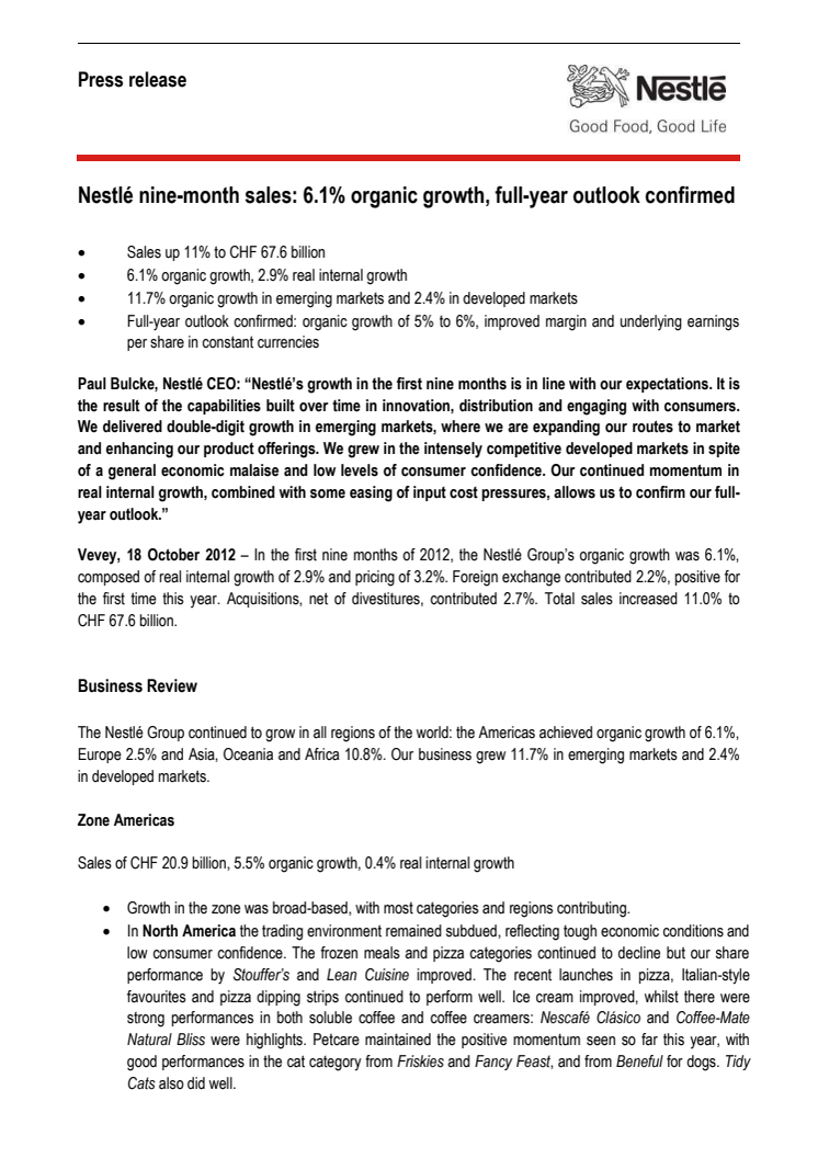Nestlés 9 måneders resultat: 6,1% organisk vekst – følger årsbudsjettet 