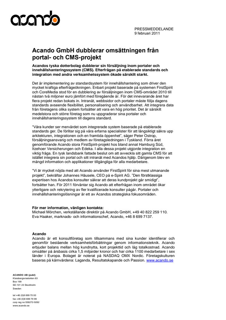 Acando GmbH dubblerar omsättningen från portal- och CMS-projekt 