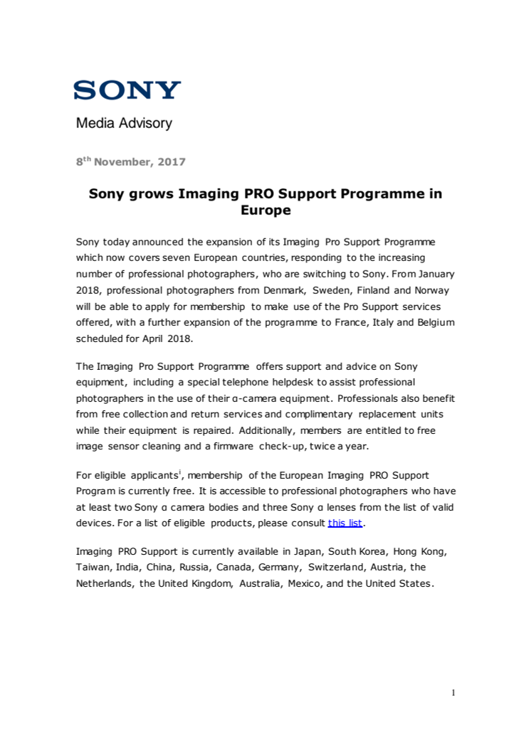Sony utökar tillgängligheten av Imaging PRO Support i Norden