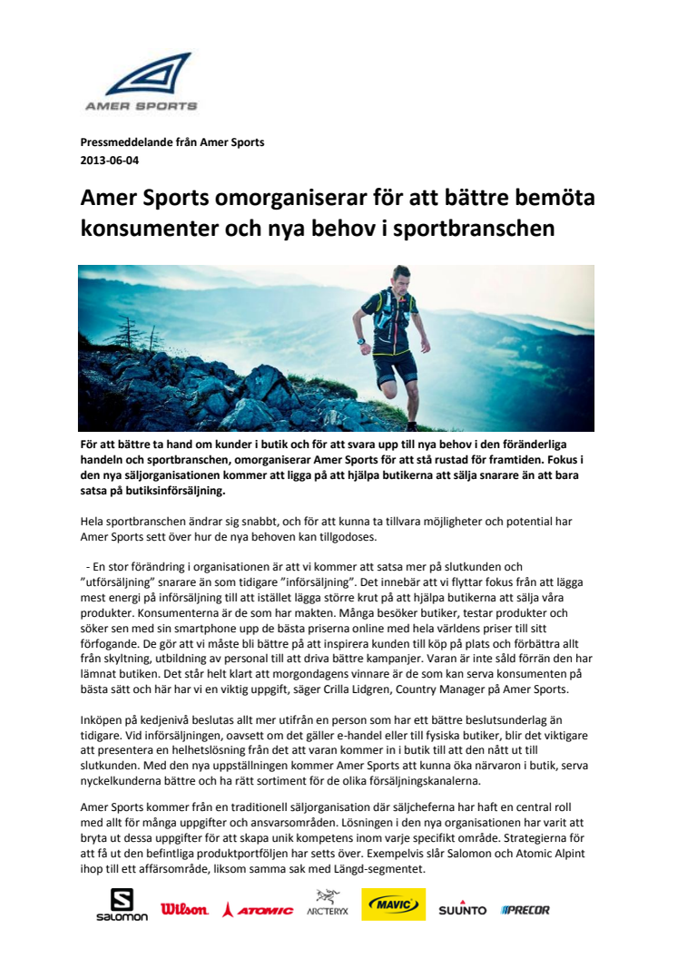 Amer Sports omorganiserar för att bättre bemöta konsumenter och nya behov i sportbranschen