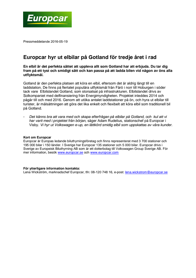 Europcar hyr ut elbilar på Gotland för tredje året i rad