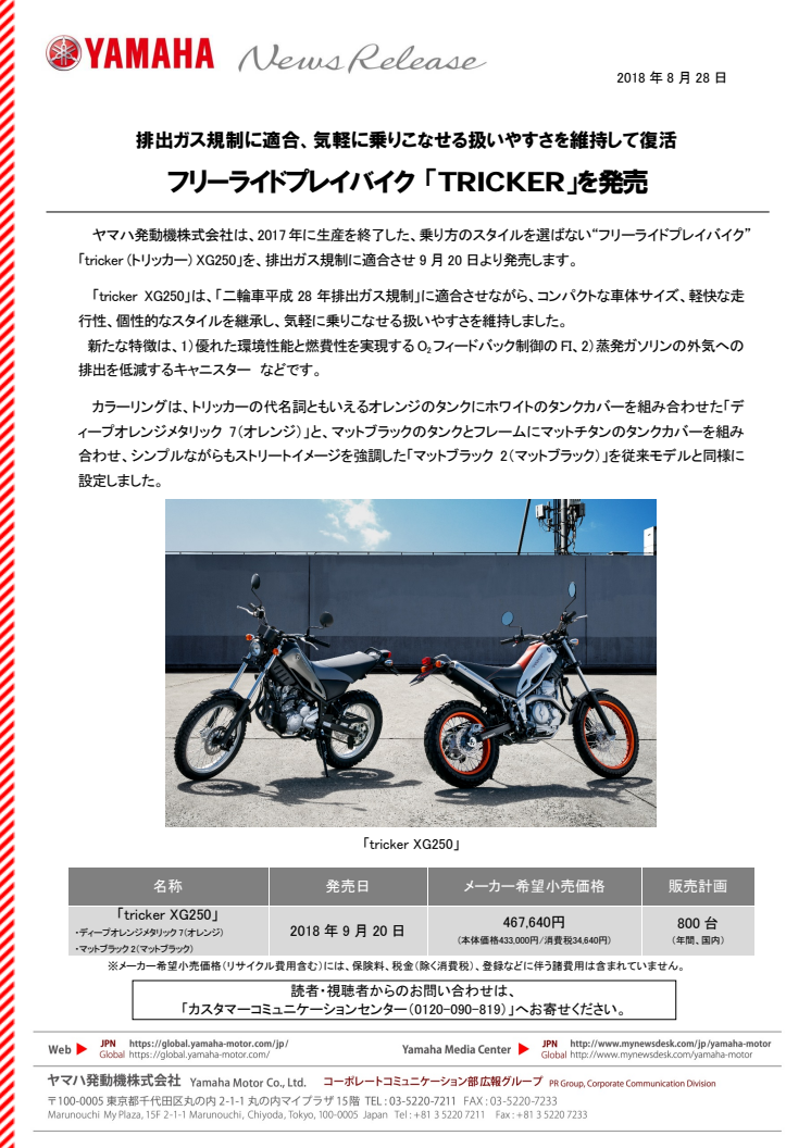 フリーライドプレイバイク 「TRICKER」を発売　排出ガス規制に適合、気軽に乗りこなせる扱いやすさを維持して復活