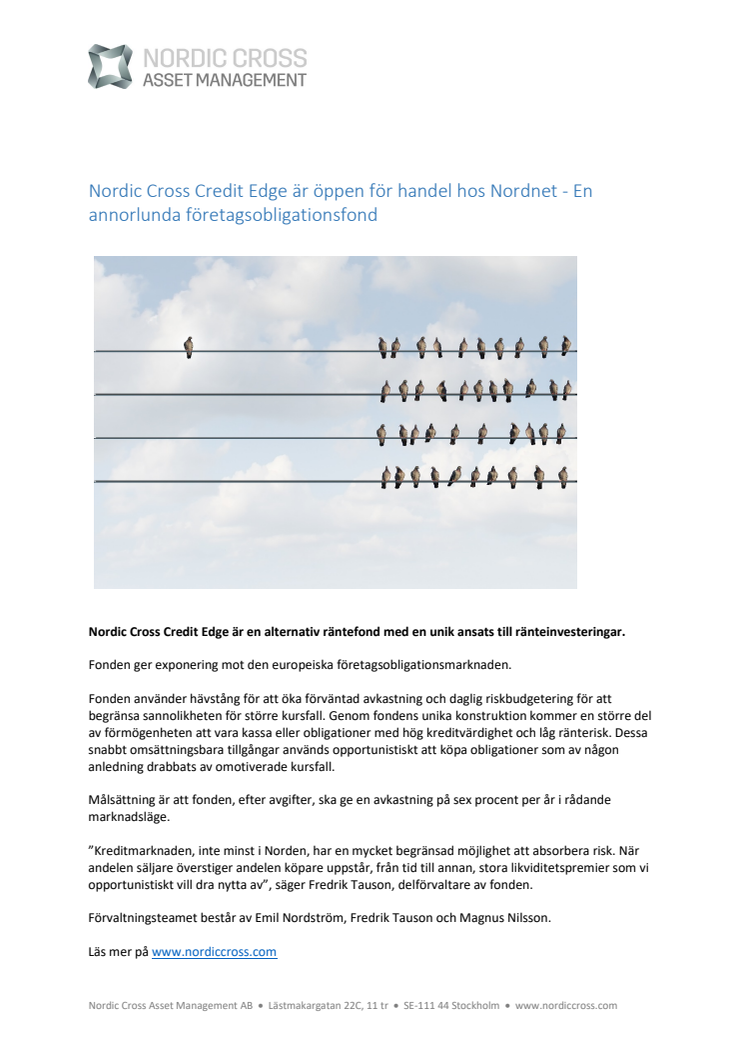 Nordic Cross Credit Edge är öppen för handel hos Nordnet - En annorlunda företagsobligationsfond