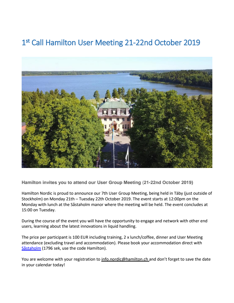 1st Call Hamilton User Meeting 21-22nd October 2019
