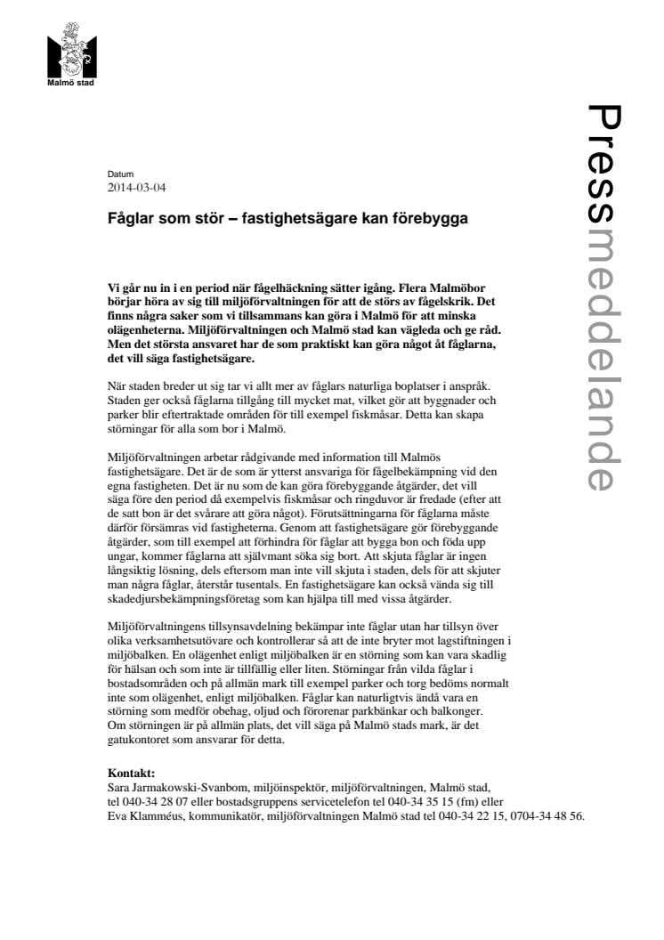 Fåglar som stör – fastighetsägare kan förebygga
