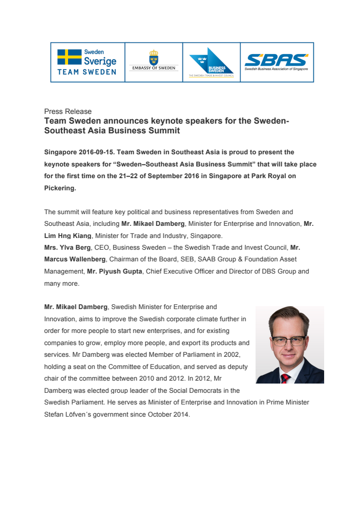 Team Sweden announces keynote speakers for the Sweden-Southeast Asia Business Summit 