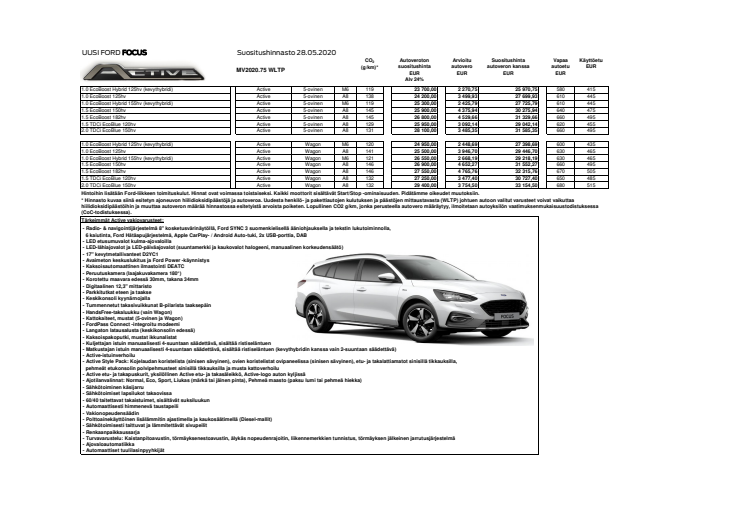 Ford Focus Active, hinnasto 28.5.2020