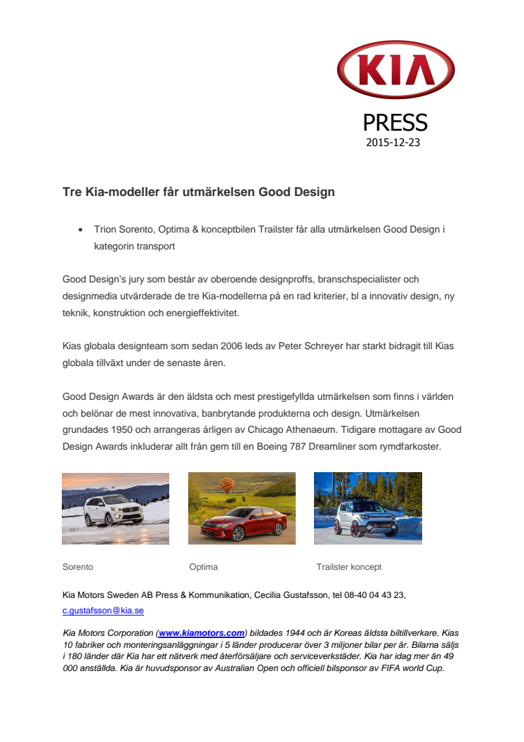 Tre Kia-modeller får utmärkelsen Good Design