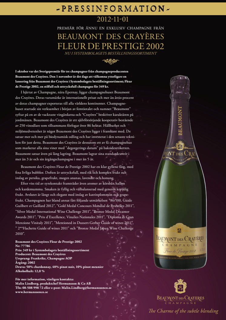 Premiär för ännu en exklusiv champagne från Beaumont des Crayères - Fleur de Prestige 2002 finns nu i Systembolagets beställningssortiment. 