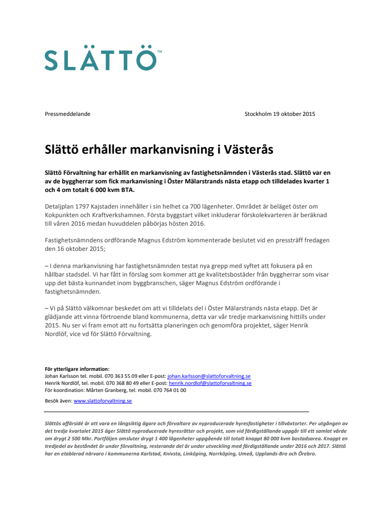 Slättö erhåller markanvisning i Västerås