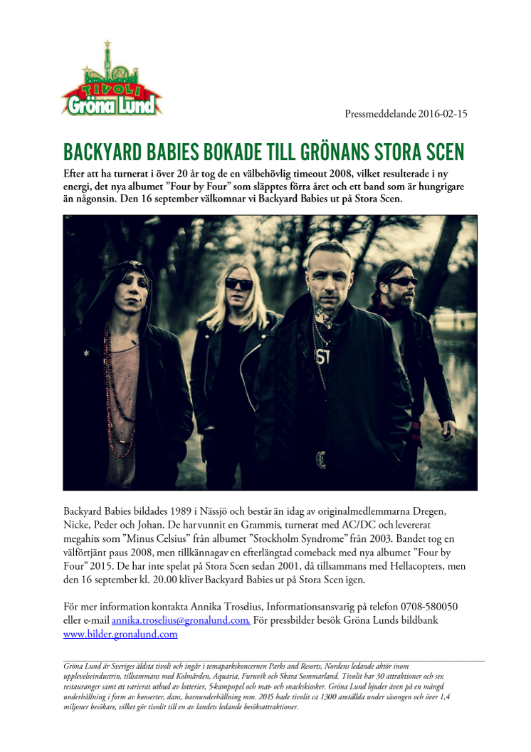 Backyard Babies bokade till Grönans Stora Scen