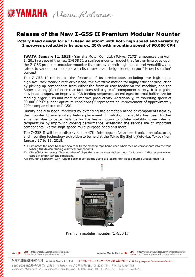 Release of the New Σ-G5S II Premium Modular Mounter　Rotary head design for a “1-head solution” with both high speed and versatility Improves productivity by approx. 20% with mounting speed of 90,000 CPH 