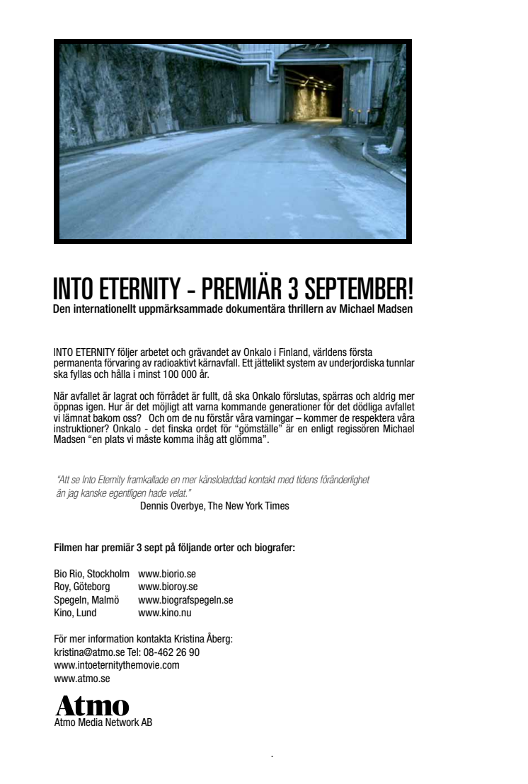 Premiär för Michael Madsens nya film Into Eternity 3/9 2010