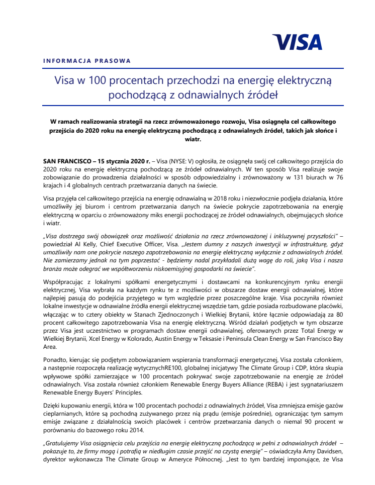 Visa w 100 procentach przechodzi na energię elektryczną pochodzącą z odnawialnych źródeł