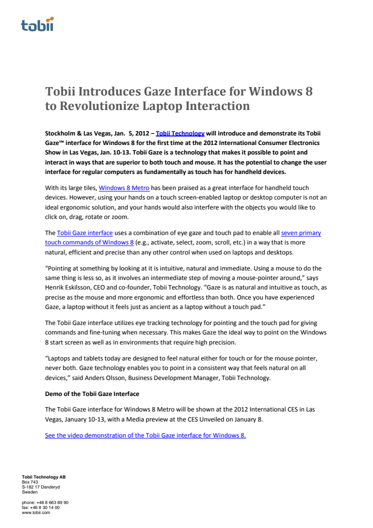 Tobii Introduces Gaze Interface for Windows 8 to Revolutionize Laptop Interaction