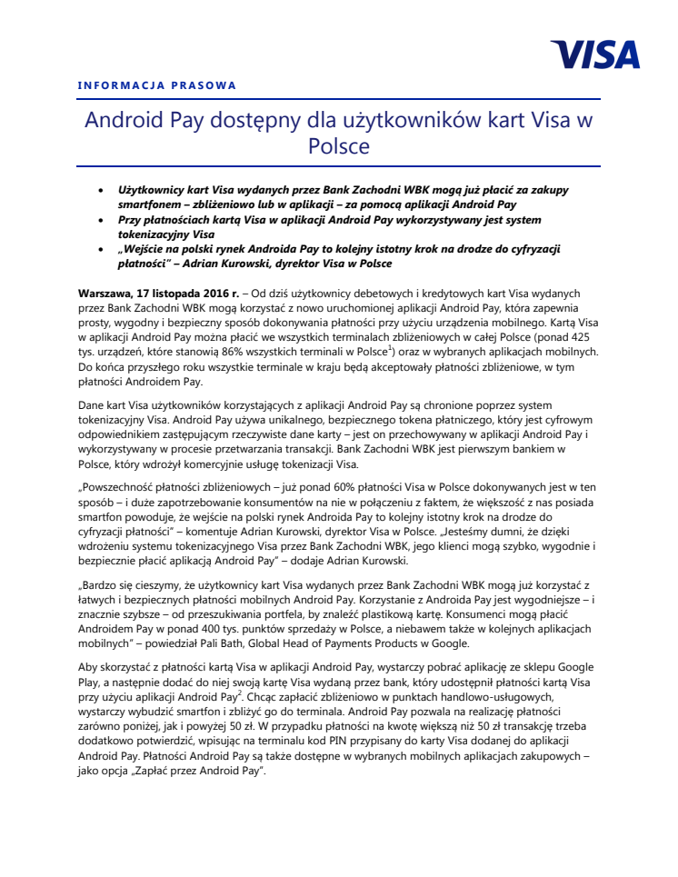 Android Pay dostępny dla użytkowników kart Visa w Polsce