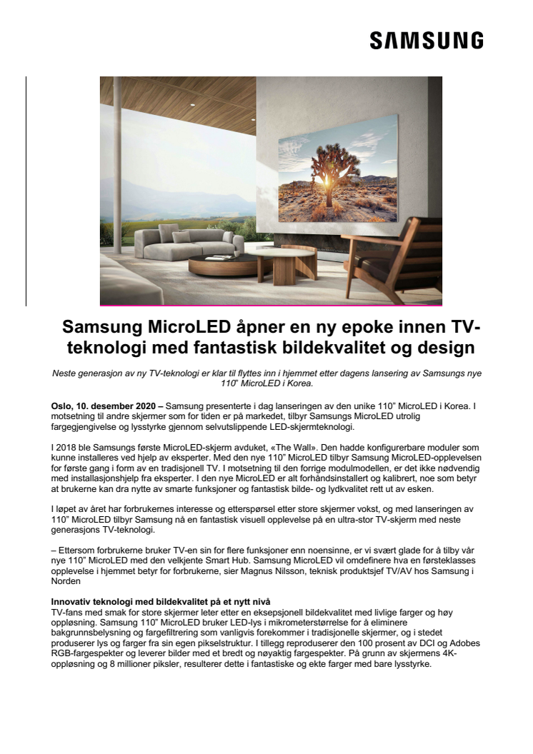 Samsung MicroLED åpner en ny epoke innen TV-teknologi med fantastisk bildekvalitet og design