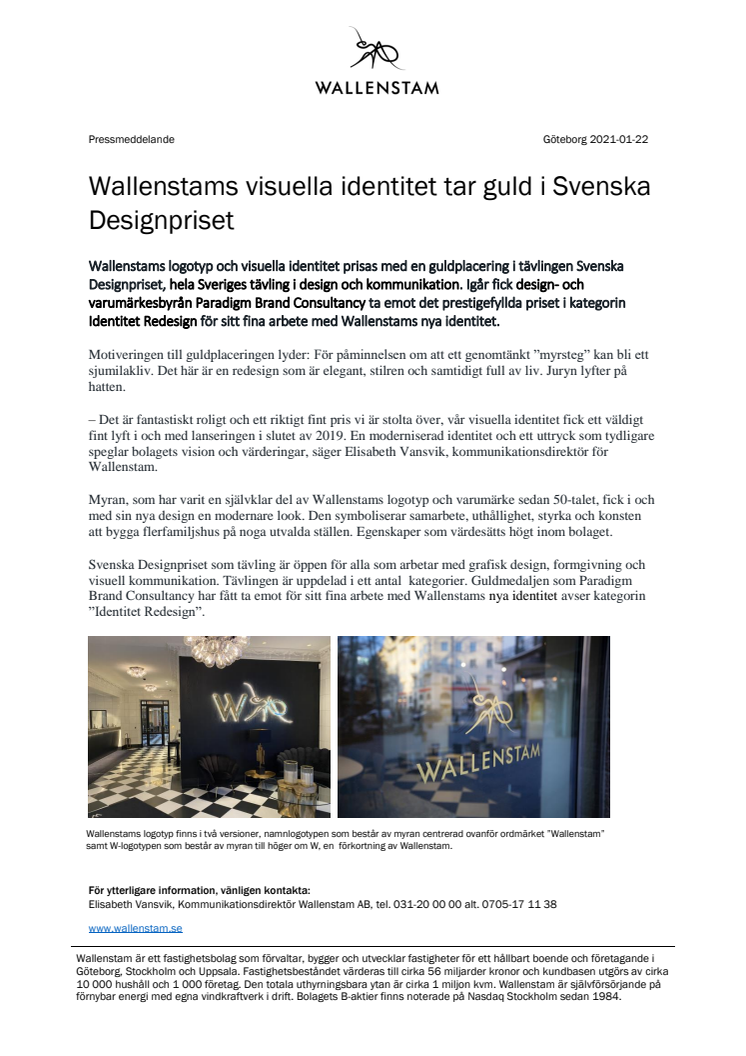 Wallenstams visuella identitet tar guld i Svenska Designpriset