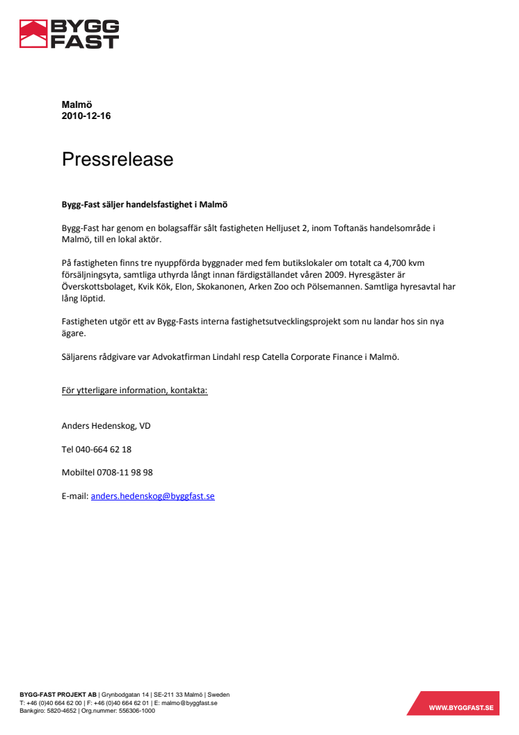 Bygg-Fast säljer handelsfastighet i Malmö 