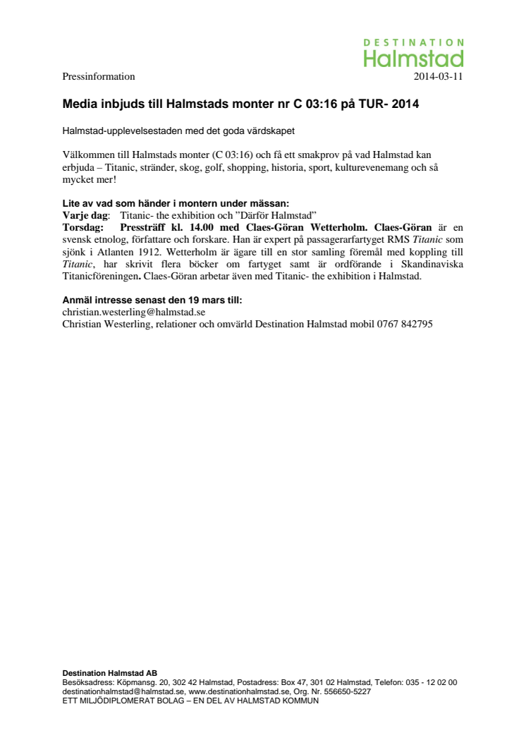 Media inbjuds till Halmstads monter nr C 03:16 på TUR- 2014