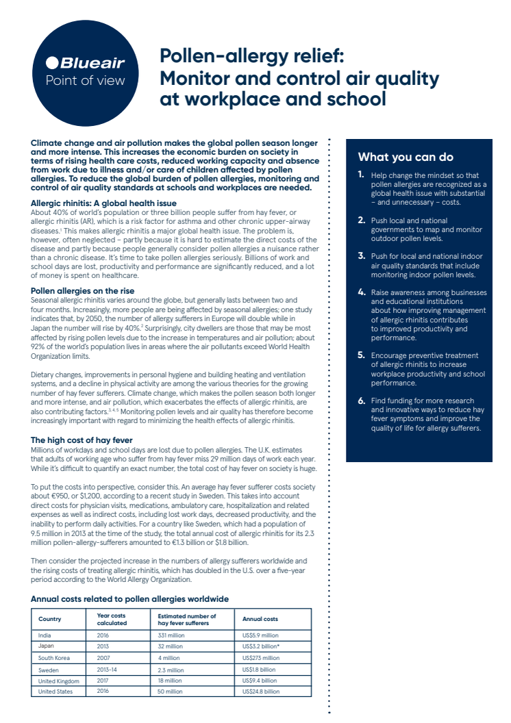 Pollen-allergy relief: Monitor and control air quality at workplace and school