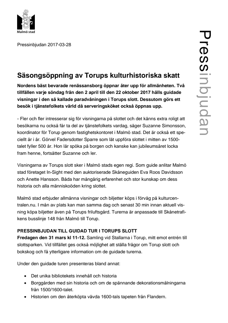 Pressinbjudan - Säsongsöppning av Torups kulturhistoriska skatt