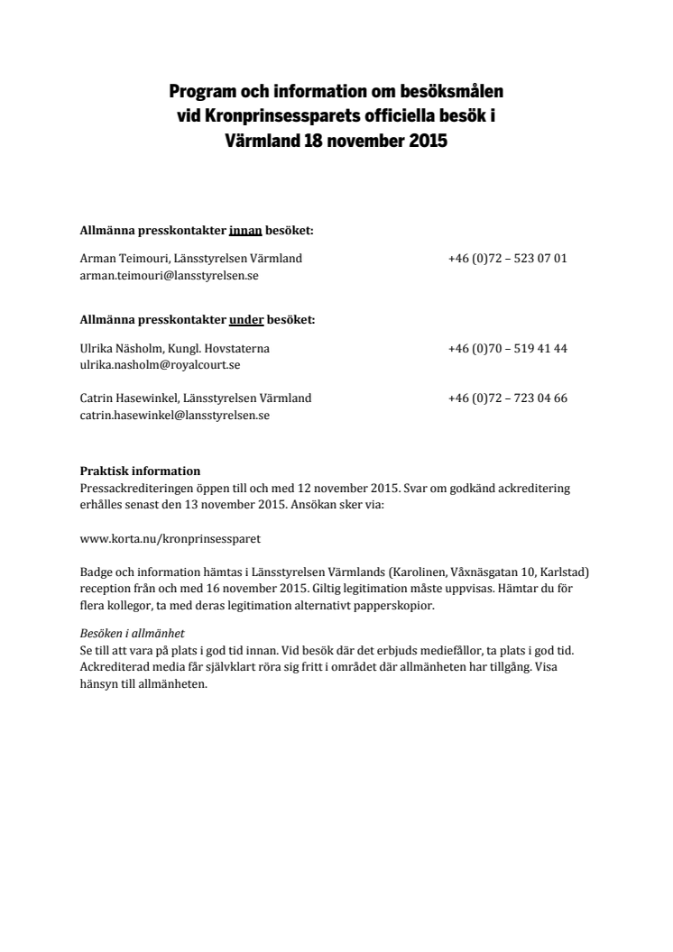 Program för Kronprinsessparets besök i Värmland 18 november 2015