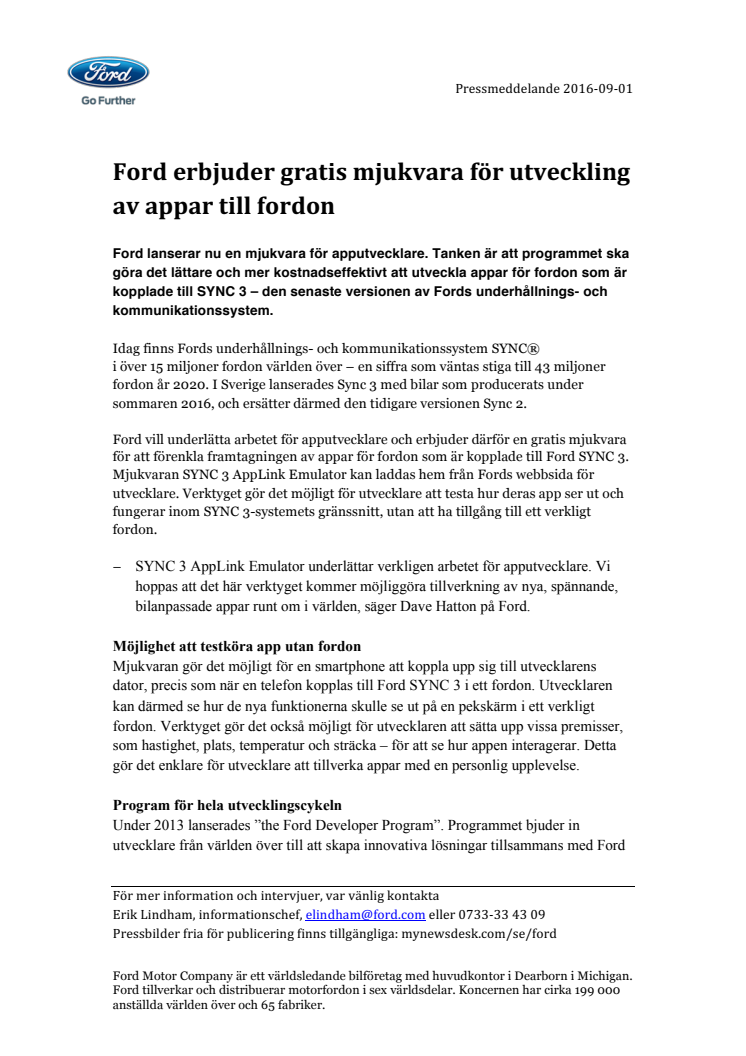 Ford erbjuder gratis mjukvara för utveckling av appar till fordon  