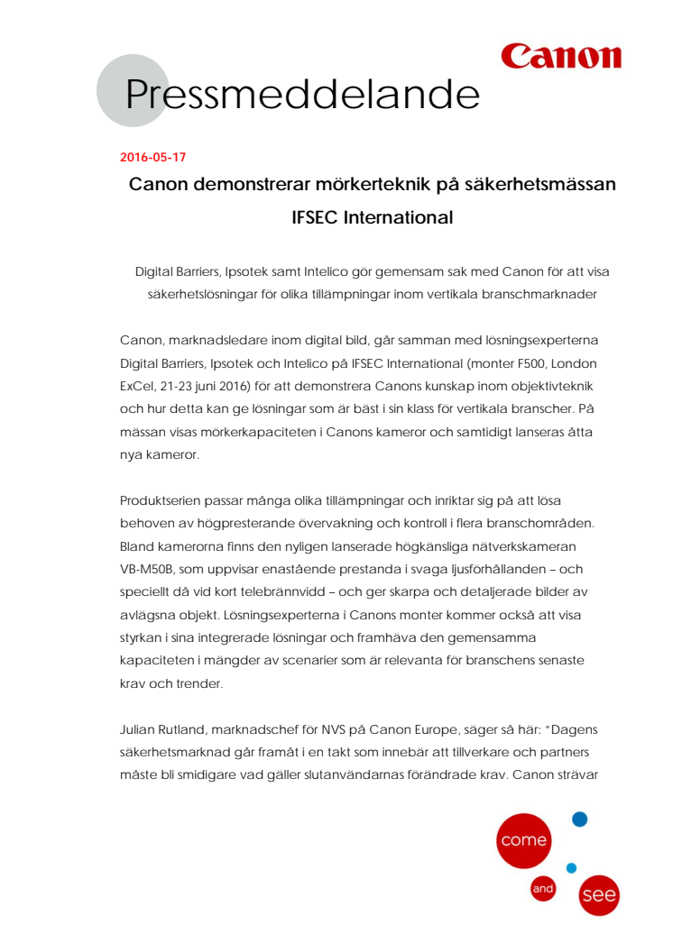 Canon demonstrerar mörkerteknik på säkerhetsmässan IFSEC International 