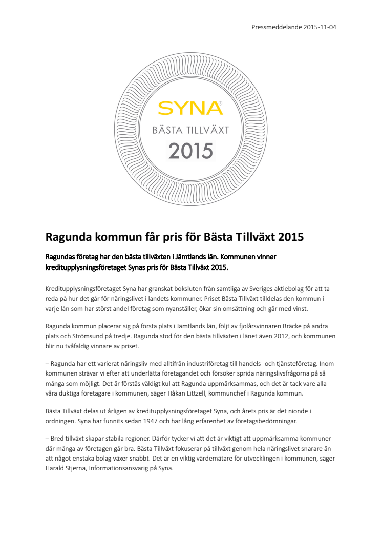 Ragunda kommun får pris för Bästa Tillväxt 2015