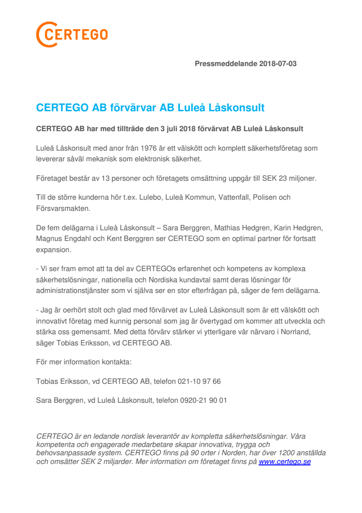 CERTEGO AB förvärvar AB Luleå Låskonsult