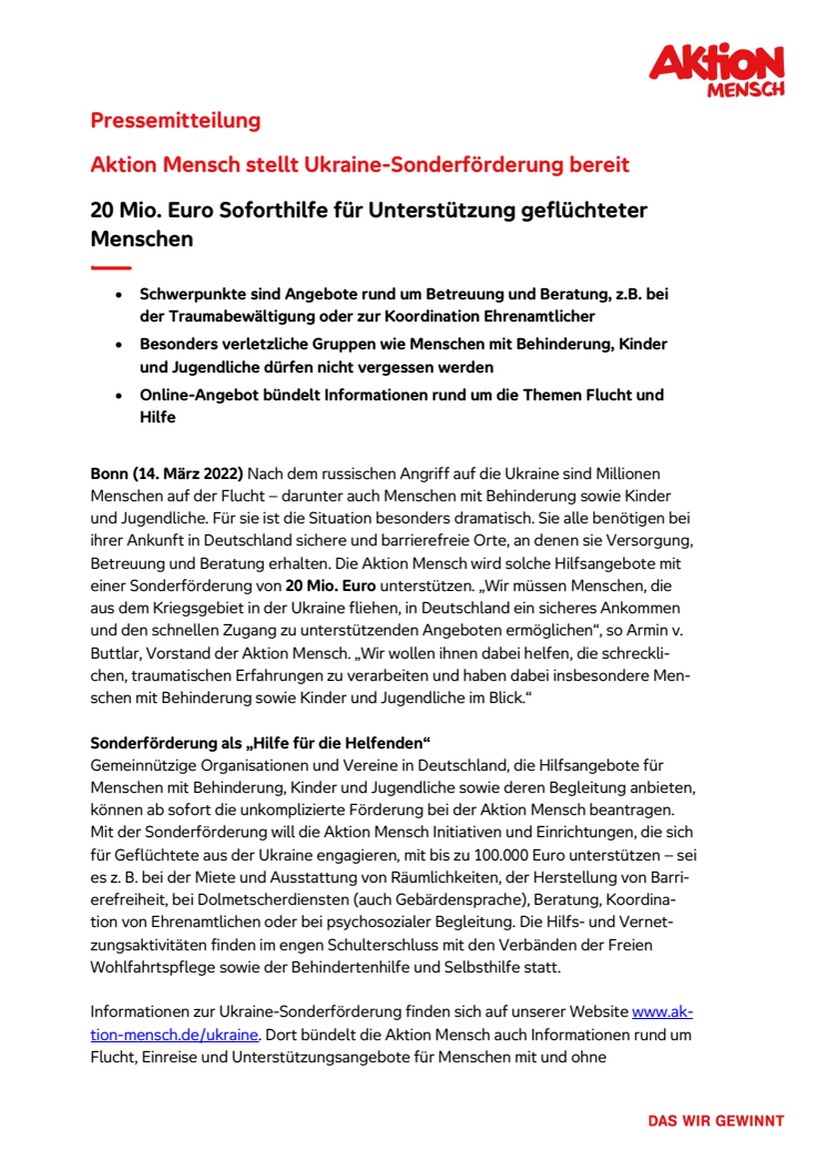 Aktion Mensch stellt Ukraine-Sonderförderung bereit