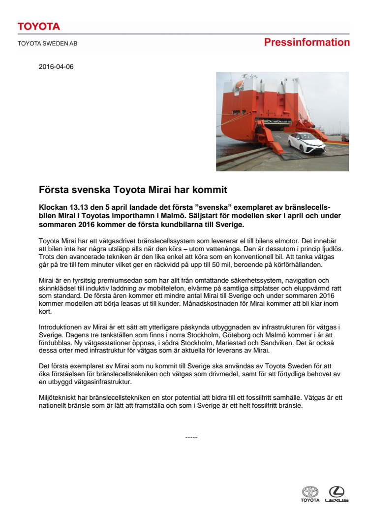 Första svenska Toyota Mirai har kommit