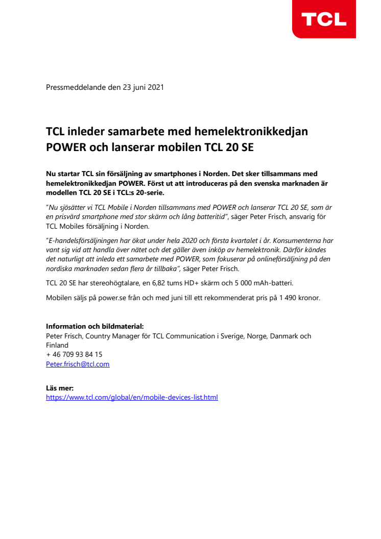TCL inleder samarbete med hemelektronikkedjan POWER och lanserar mobilen TCL 20 SE