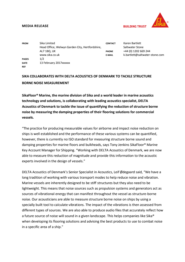 Sika UK: Sika Collaborates with Delta Acoustics of Denmark to Tackle Structure Borne Noise Measurement