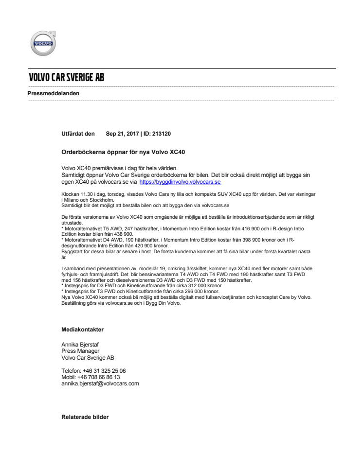 Orderböckerna öppnar för nya Volvo XC40